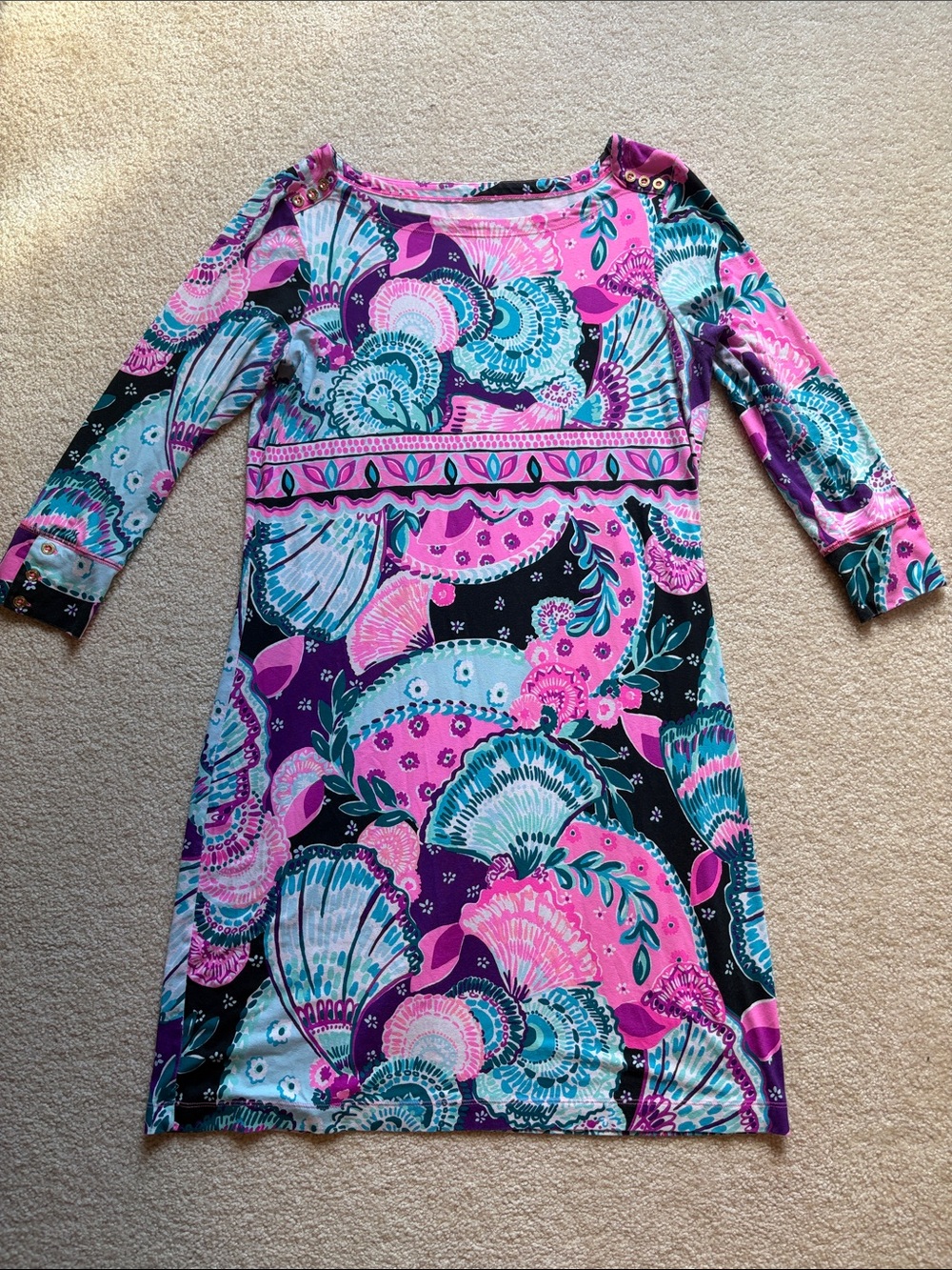Lilly Pulitzer Pink, Teal & Purple Floral Shell-Print Midi Dress